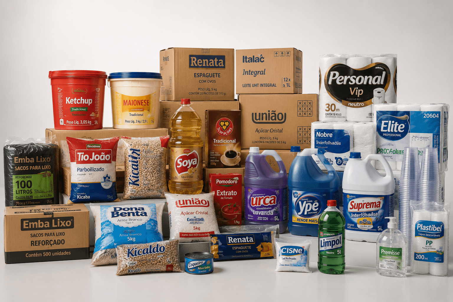 Produtos institucionais Cestou com alimentos, limpeza, higiene, papéis e descartáveis para abastecimento profissional